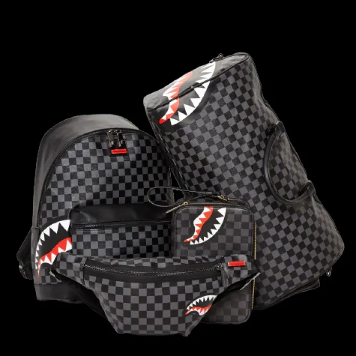 SHARKS IN PARIS (BLACK CHECKERED EDITION) TOILETRY AKA MONEY BAGS>SPRAYGROUND New