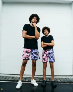 SPLIT CAMO CORTO SWIM TRUNKS><noscript><img width=